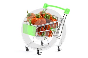 Berries of organic sweet strawberries in a shopping cart on a white background, close-up, isolate