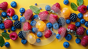 Berries, Raspberries, and Blueberries Arranged on Yellow Background
