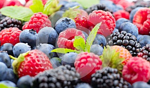 Berries. Various colorful berries background. Mint leaves, Strawberry, Raspberry, Blackberry, Blueberry close-up backdrop