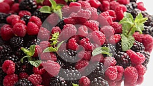 Berries. Various colorful berries rotation background. Mint leaves, Raspberry, Blackberry, close-up rotating backdrop