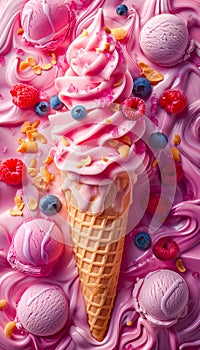 Berry Bliss Ice Cream Cone with Assorted Toppings