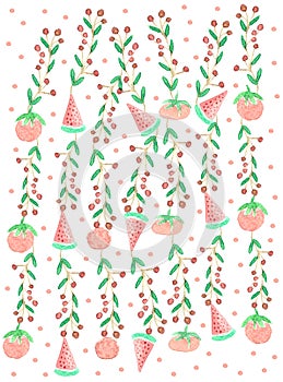 Berry branches-tomatoes-watermelons with polka dots-watercolor