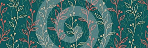Berry bush branches hand drawn vector seamless ornament. Delicate floral fabric print.