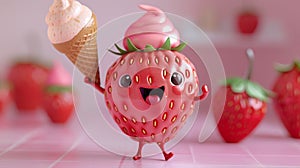 berry character design, cheerful berry, a strawberry with a strawberry ice cream cone, dances cheerfully, a cute fruit photo