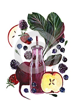 Berry compote, fresh juice hand drawn watercolor illustration. Glass bottle with smoothie