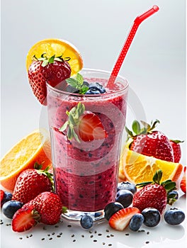 Berry delight smoothie topped with a fresh strawberry, surrounded by an assortment of citrus and berries, perfect for a