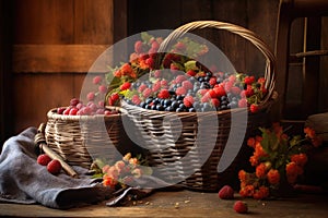 berry-filled basket on rustic wooden table