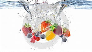 Berry forest fruits splash in clear water isolated on white