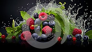 berry fruit falling in water splash isolated on black background. Generative AI