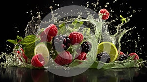 berry fruit falling in water splash isolated on black background. Generative AI