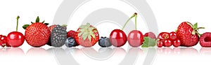 Berry fruits border strawberry raspberry, cherries in a row isolated photo