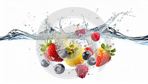 Berry fruits splash in clear water isolated on white