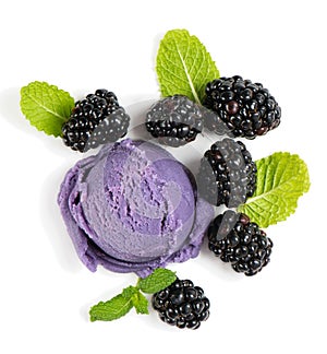 Berry ice cream with blackberries, top view