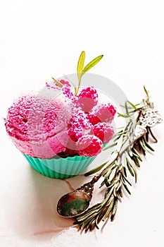 Berry ice cream in blue bowl