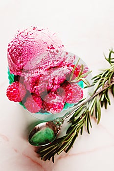 Berry ice cream in blue bowl