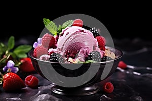 Berry ice cream in bowl with fresh berries and mint on black background