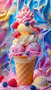 Berry ice cream cone, set against a rainbow sky. Perfect for enchanting dessert campaigns, adversting ice cream