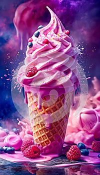 Berry ice cream cone, set against a rainbow sky. Perfect for enchanting dessert campaigns, adversting ice cream