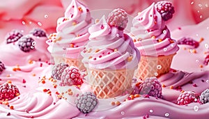 Berry Ice cream with swirling cream,pink milk splash, surrounded by fresh berries.Ideal for vibrant dessert advertising or