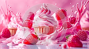 Berry Ice cream with swirling cream,pink milk splash, surrounded by fresh berries.Ideal for vibrant dessert advertising or