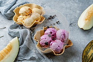 Berry and melon ice cream scoops on waffle basket on light grey background with flowers and fresh melon. Summer ice cream dessert