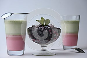 berry milk desserts next to a glass form filled with fresh currants.