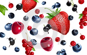 Berry mix background. Fresh sweet strawberries, currants, blueberries, bog whortleberry, sweet cherries photo