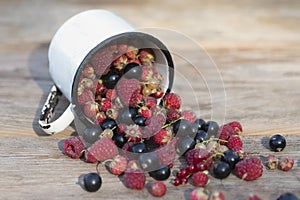 Berry mix scattered out iron mug on wood table. Summer Vitamin. Garden morsel