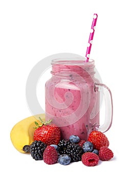 Berry mix smoothie with banana and fresh ingredients