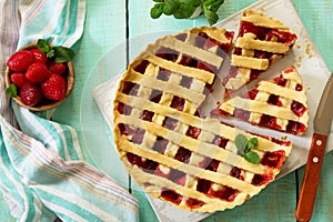 Berry pie summer. Sweet pie, tart with fresh berry strawberries. photo