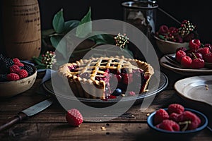 Berry pie on a wooden table with various bowls of berries and other kitchen items. The pie is in a round metal dish with a lattice