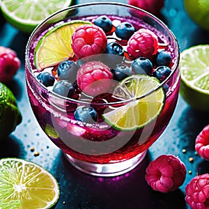 Berry punch with lime slices isolated on white background,