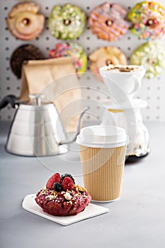 Berry shortcake donuts with coffee to go