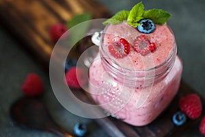 Berry smoothie with fresh raspberry and blueberry