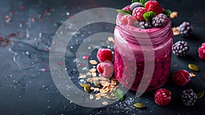 berry smoothie in glassful on dark background