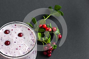 Berry smoothie. Milkshake with fresh lingonberries on a dark background. Healthy food, detox or diet concept. Copy space