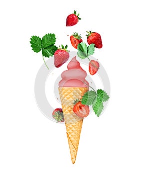 Berry soft serve ice cream with strawberries in wafer cone close-up, isolated on white background