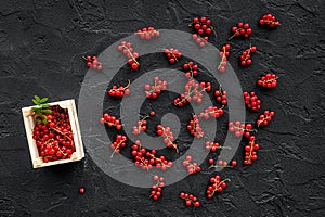 Berry theme. Red currant on black table background top view