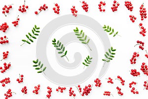 Berry theme. Red currant and leaves on white background top view