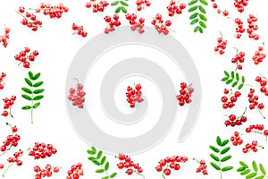 Berry theme. Red currant and leaves on white background top view