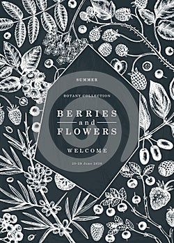 Berry vintage design on chalk board. Hand drawn berries and flowers illustrations - strawberry, cranberry, currant,  bilberry,