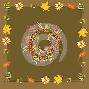 Berry wreath with leaves, flowers and nuts backgraund