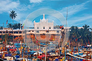 Beruwala, Sri Lanka - 10 February, 2017: Fishing boats stand in Beruwala Harbour, fish market in Bentota or Aluthgama area. View o