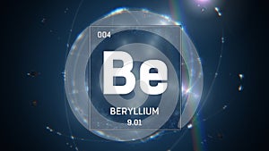 Beryllium as Element 4 of the Periodic Table 3D animation on blue background