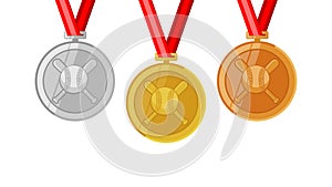 Beseball softball creossed batter complete shinny medals set gold siver and bronze in flat style