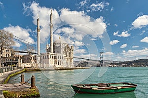 Besiktas Ortakoy Mosque Buyuk Mecidiye Camii and Bosphorus Bridge. One of the famous symbols of Istanbul. TURKEY
