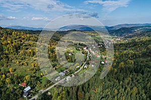 Beskid mountains in Zywiec Poland, Polish mountains and hills aerial drone photo