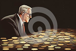 A bespectacled man in a suit looking down at a row of coins and bills realizing the mistake he made when he didnt save