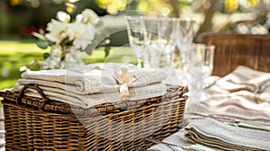 Bespoke picnic baskets filled with all the necessary highend picnic essentials including handwoven napkins and crystal photo