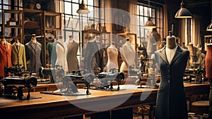 A bespoke tailor\'s shop, mannequins dressed in fine suits, rolls of fabric.